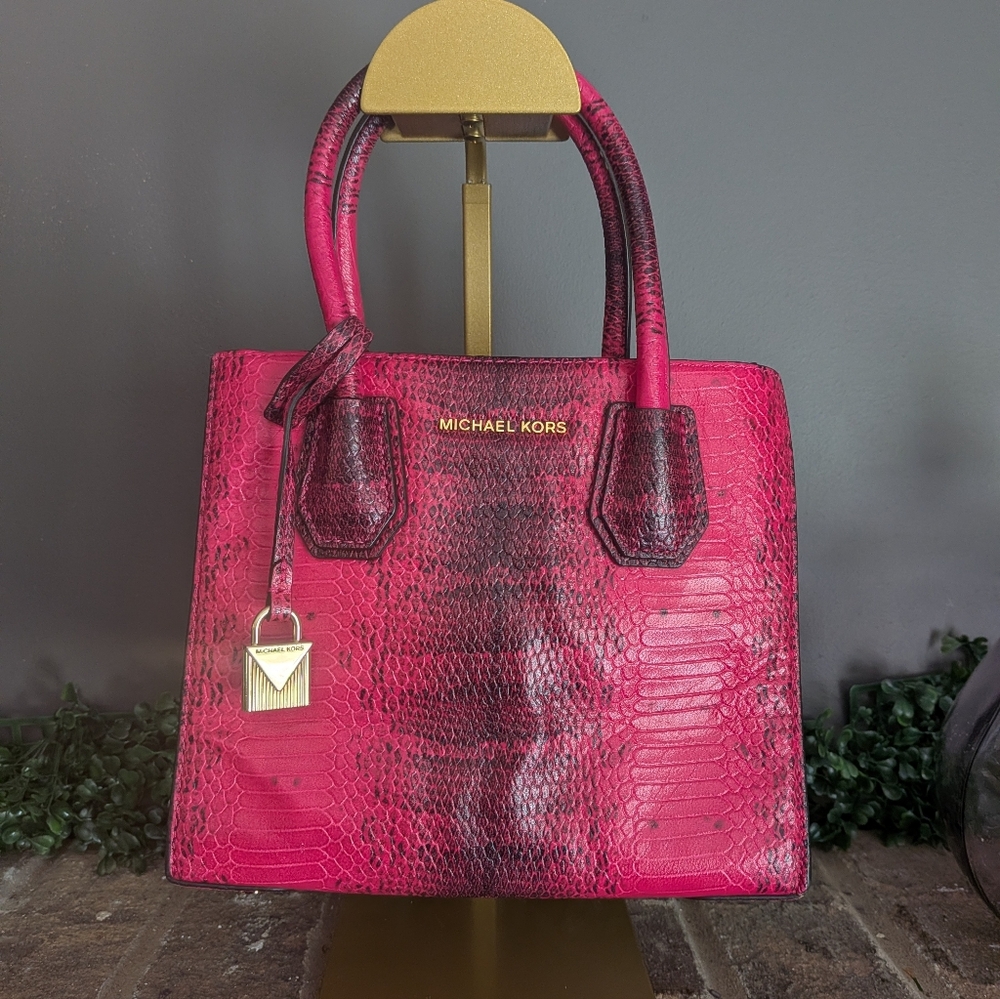 MICHAEL KORS Mercer Hot Pink Python Embossed Leat… - image 1